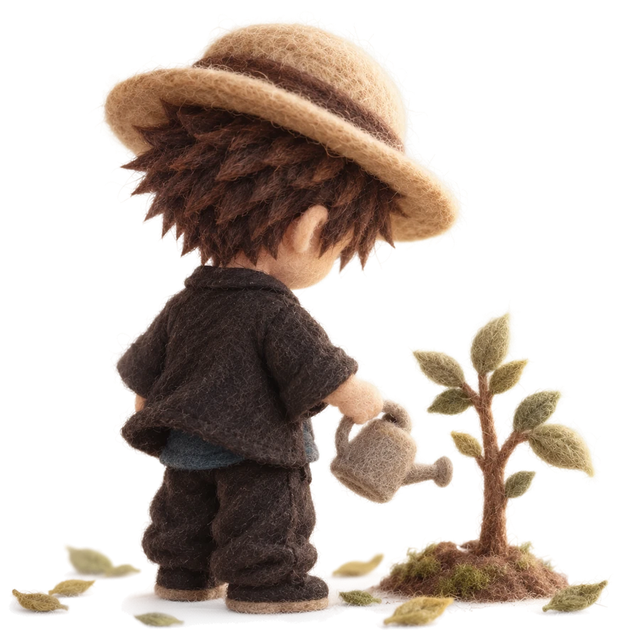 A needle-felted figure in a straw hat, seen from behind, watering a small felt tree
