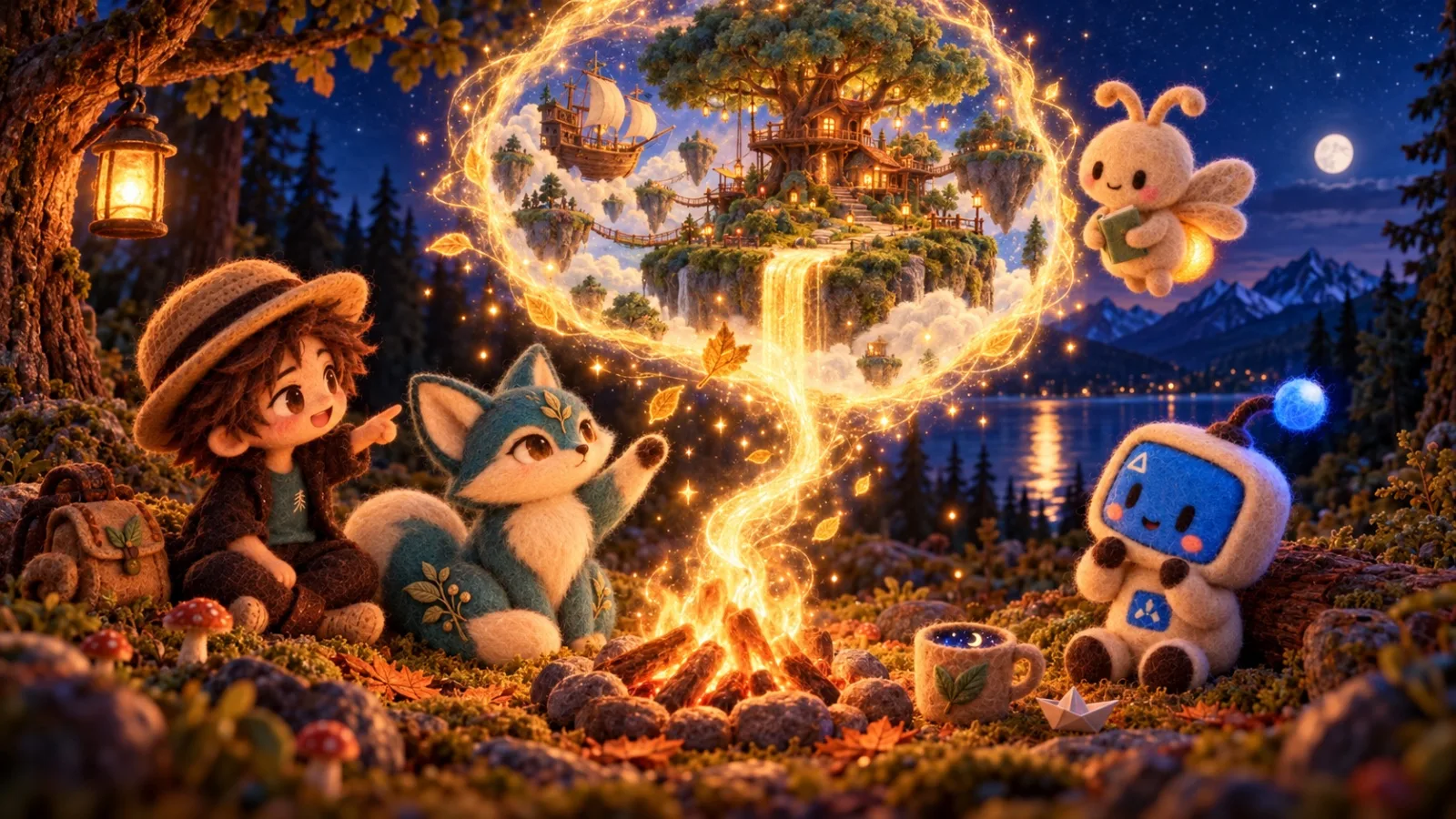 A needle-felted scene at night: San in a straw hat, Tomo the fox, the firefly and the blue robot around a campfire, with a small mug in the moss
