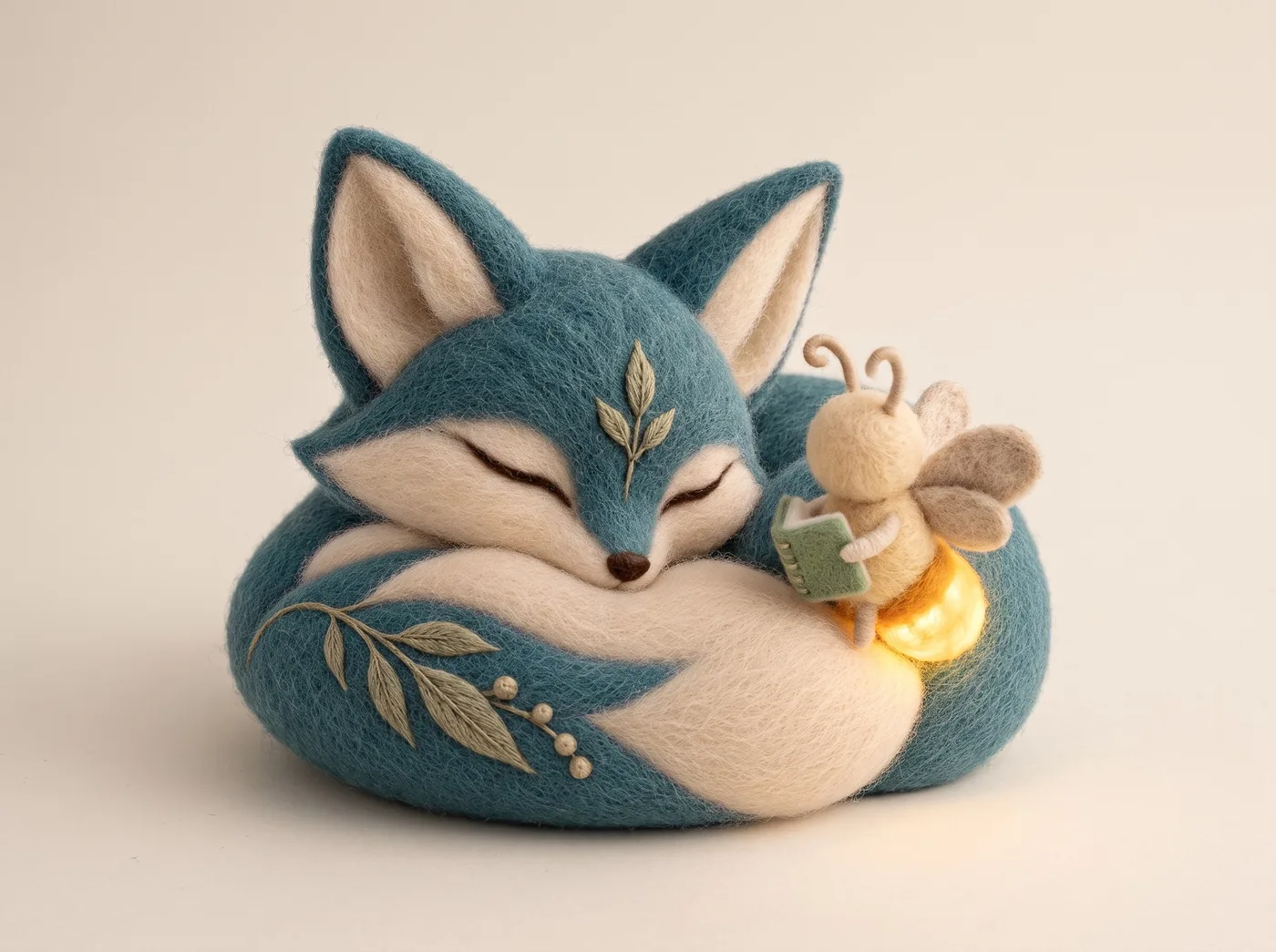 The felt firefly sitting on the tail of Tomo, the sleeping teal fox, its glow lighting his fur