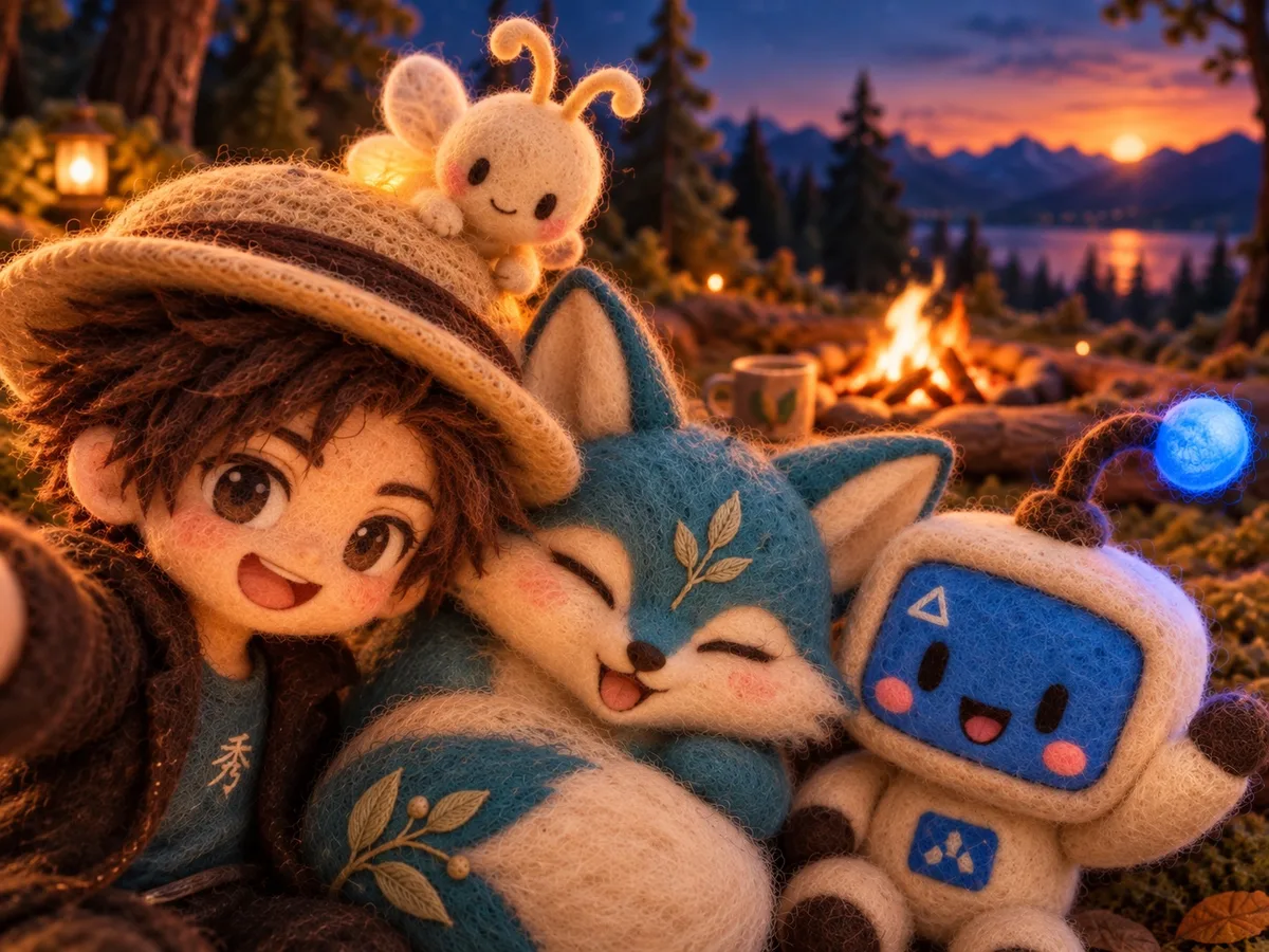 A needle-felted selfie at sunset: San in a straw hat with the firefly on its brim, Tomo the fox laughing in the middle, the blue robot waving